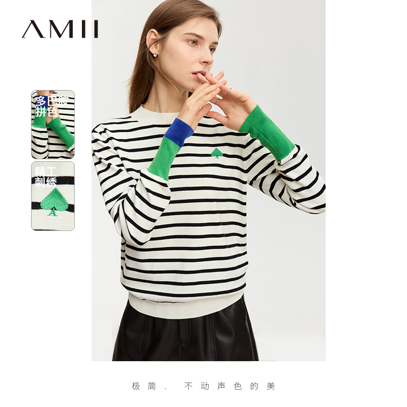 Amii时尚黑白条纹毛衣女秋冬2023新款不对称撞色宽松圆领打底衫