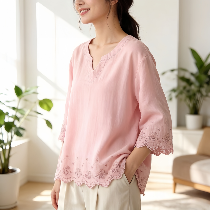 文艺甜美风V领刺绣苎麻衬衫女装七分袖宽松百搭休闲上衣