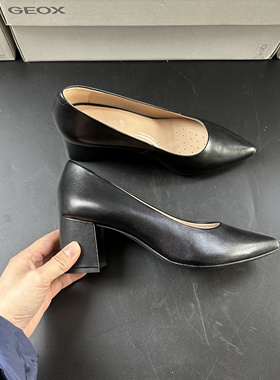 35码39码GEOX杰欧适健乐士女士黑色牛皮粗跟鞋D04NMA C9999