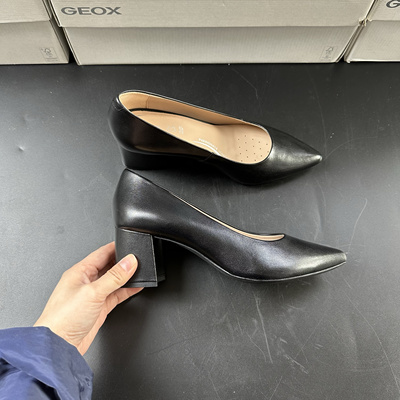 35码39码GEOX杰欧适健乐士女士黑色牛皮粗跟鞋D04NMA C9999