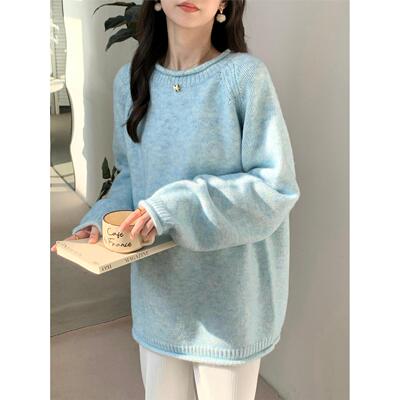 韩系蓝色圆领毛衣女秋冬