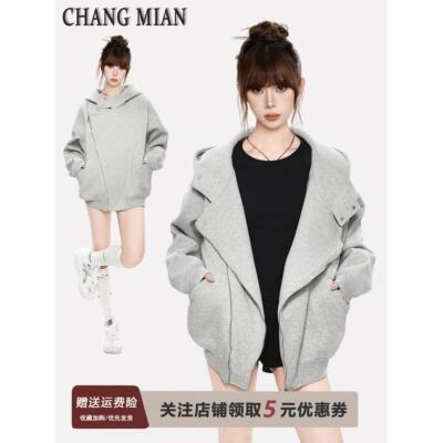 美式灰色连帽卫衣外套女