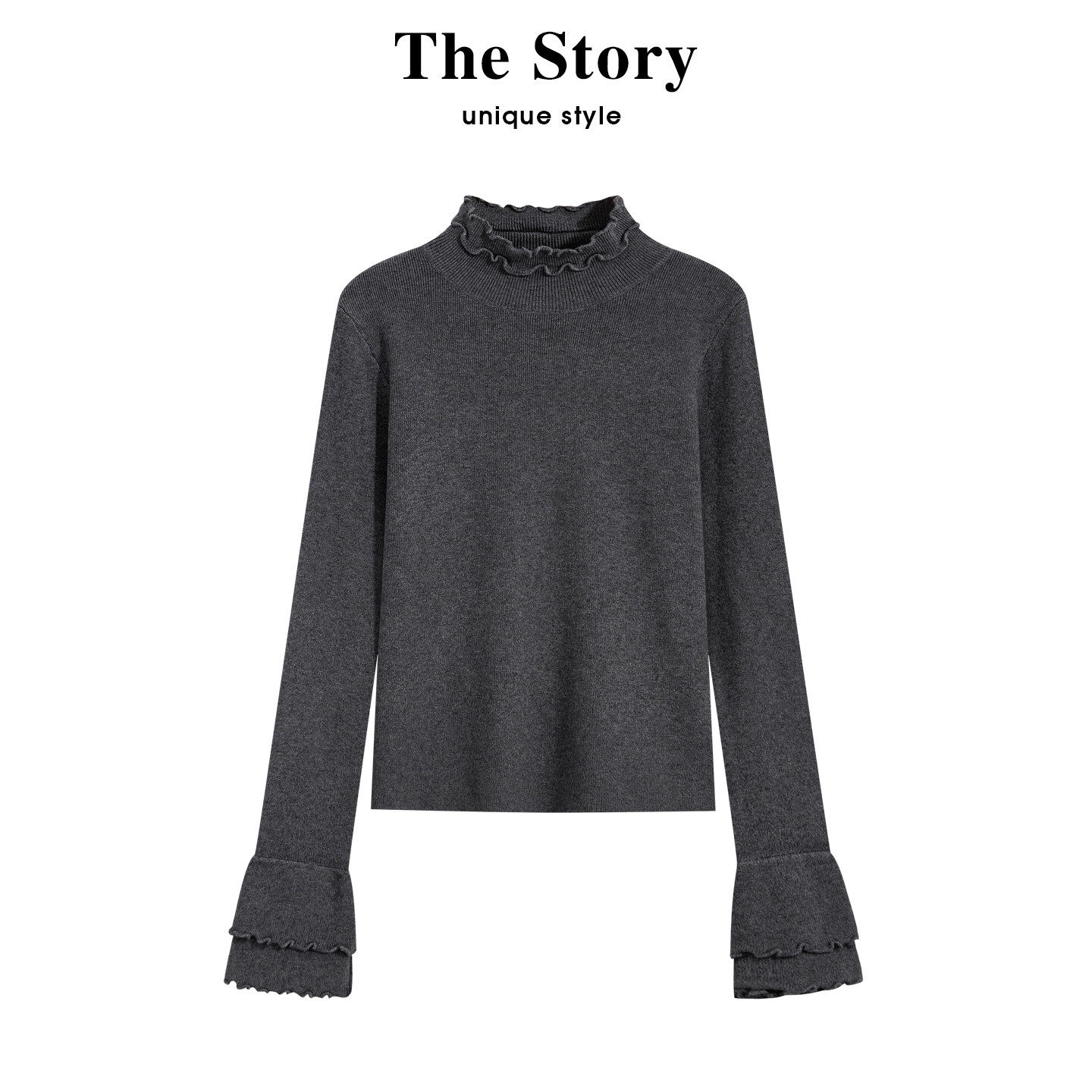 那些事衣橱韩系灰色木耳边打底衫女秋冬百搭修身花边半高领针织衫