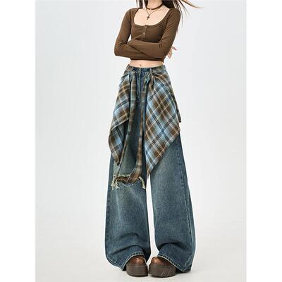 可拆卸屁帘阔腿牛仔裤女