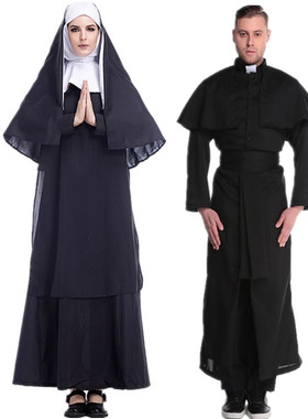 黑色修女牧师演出服cosplay修道院女修士长袍欧美复古连帽披肩服