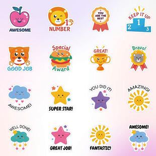 儿童奖励贴纸英文表扬贴卡通可爱家长老师幼儿园鼓励表彰学生贴纸