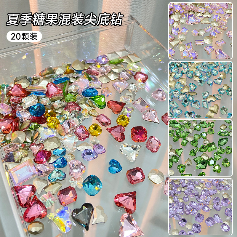 网红混款糖果汽水美甲彩色钻尖底