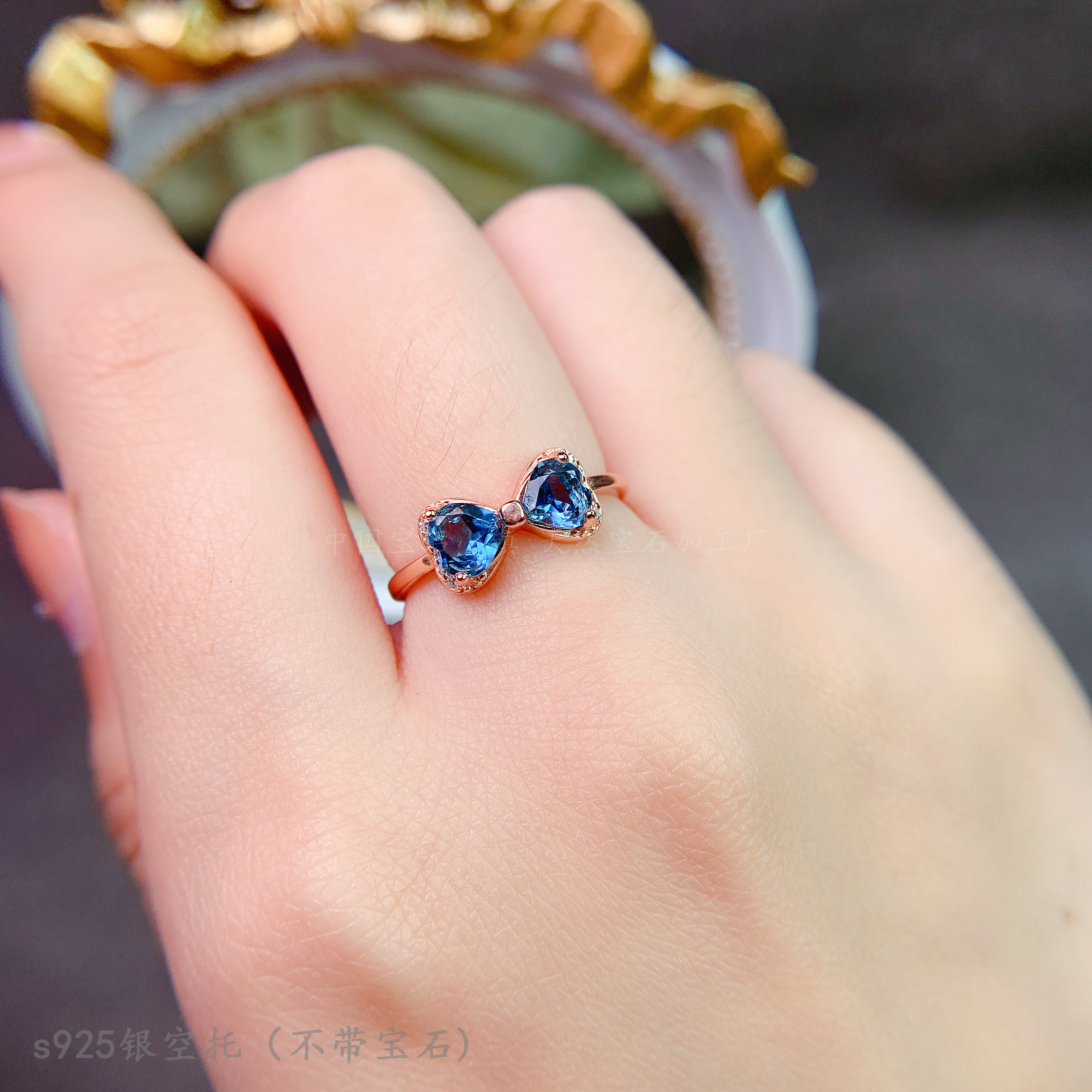 s925纯银戒指空托 爱心形5*5mm2粒石 镶钳托帕石 水晶 双爱心款