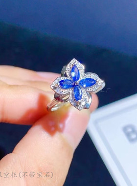纯银戒指空托精工蓝宝石甜美