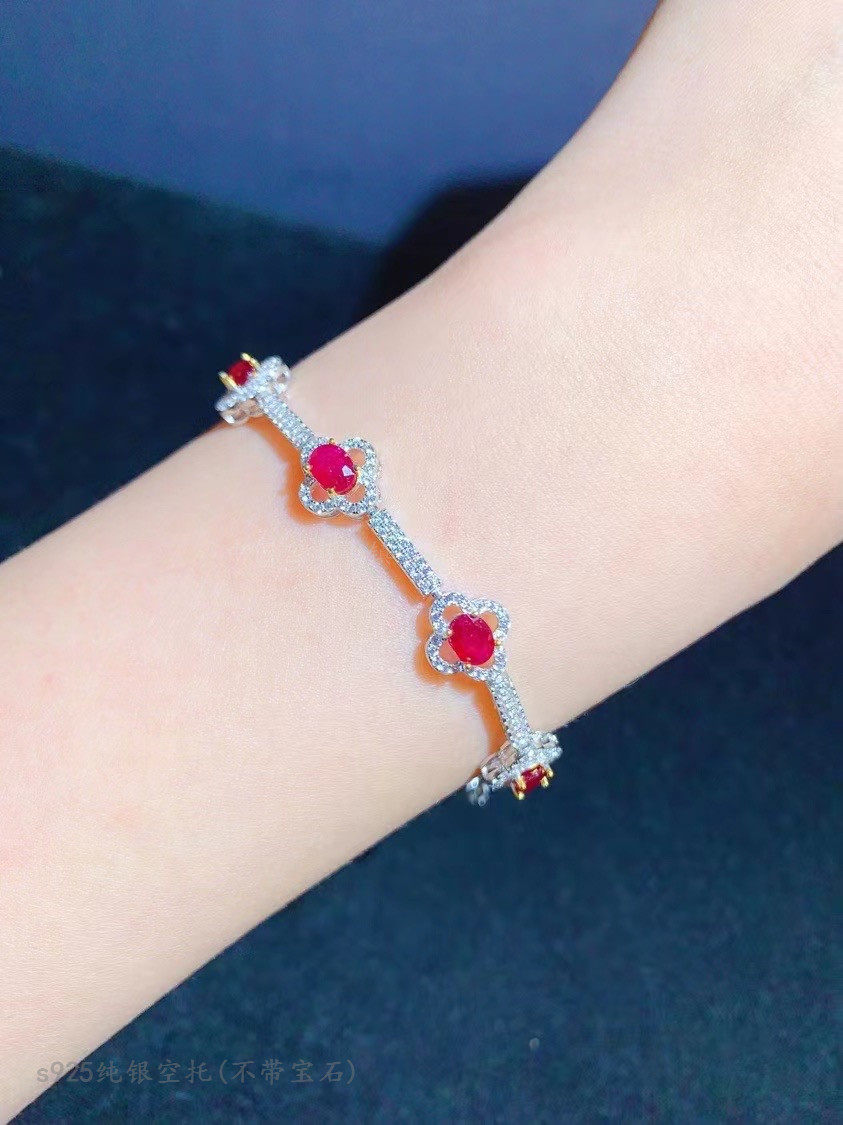 s925纯银手链空托 椭圆形4*5mm镀双色精工 镶钳红宝石 水晶 满钻