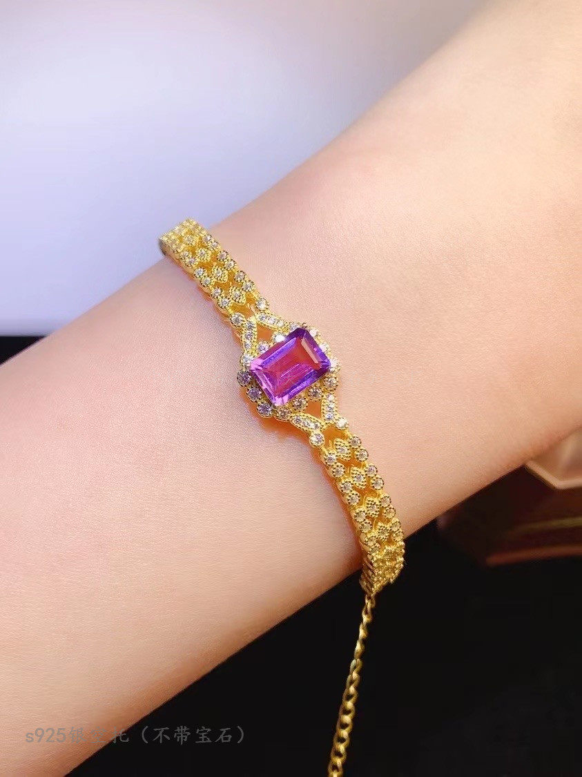 s925纯银手链空托长方形6*8mm水晶石 紫水晶 超闪宽手表款 精工