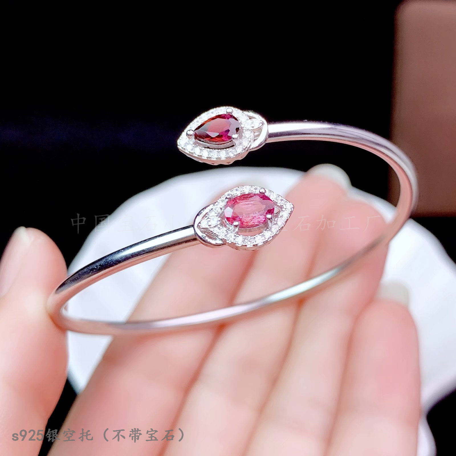 s925纯银 椭圆+水滴组合款4*6mm弹力手镯手环空托 晶石蛋面 简约