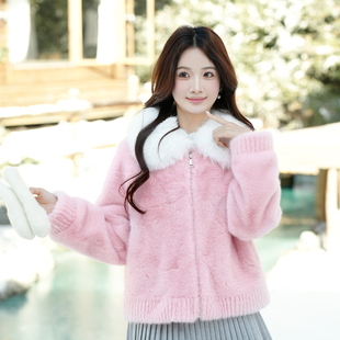 ATAR设计感小众粉色仿皮草外套女秋冬大毛领拼色毛绒绒淑女外套