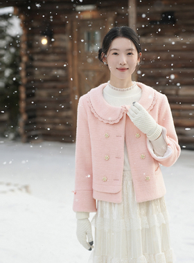 ATAR小香风淑女冬装新款蕾丝拼接黄金貂绒短外套 袖开叉呢子上衣