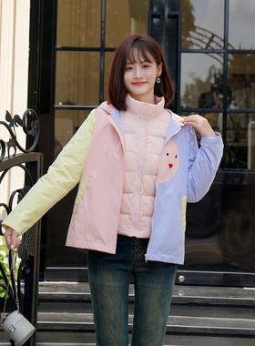 ATAR冬装新款拼色童趣羽绒连帽夹克外套粉色白鸭绒羽绒内搭两件套