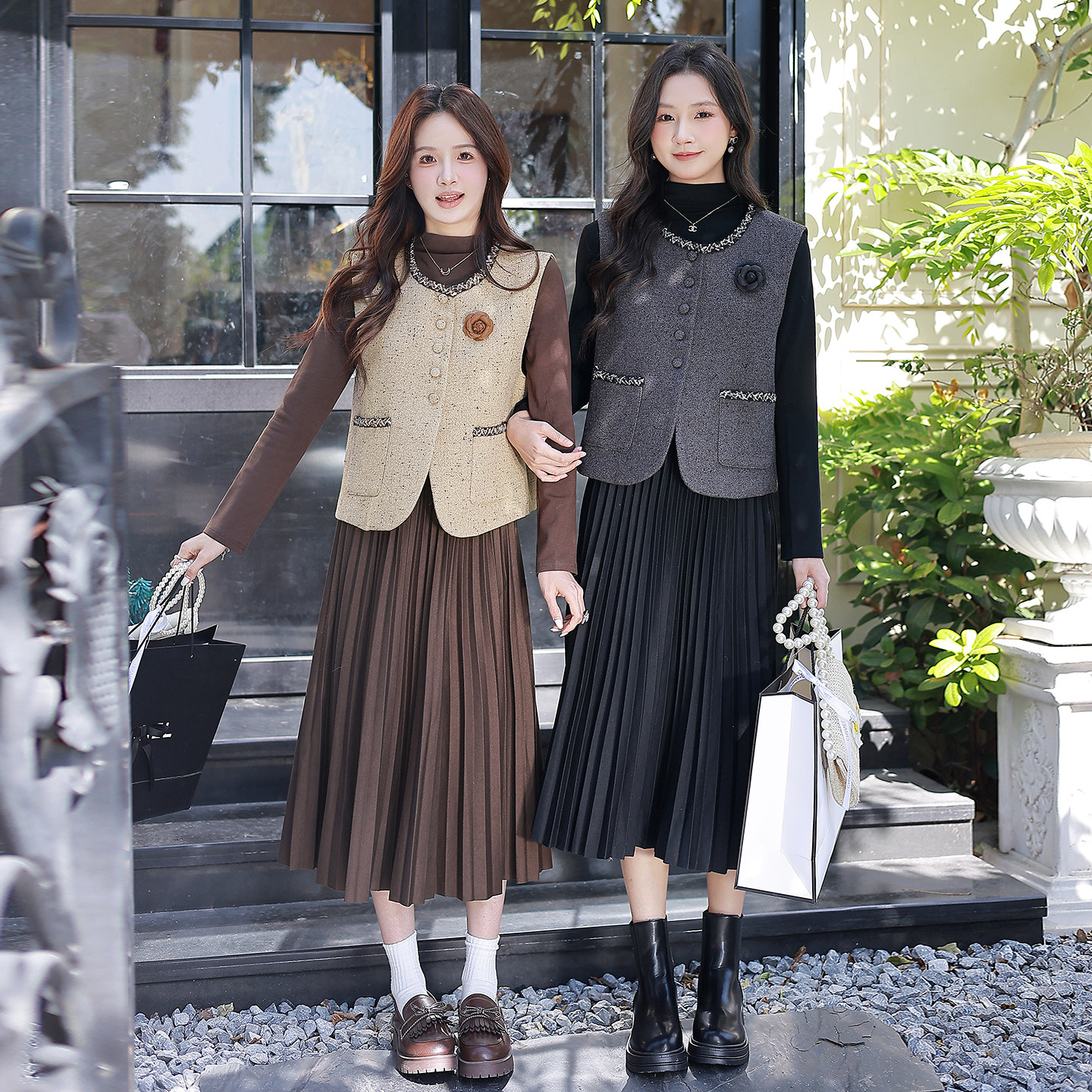 ATAR通勤2026春女装新款高领长袖百褶连衣裙子圆领马甲外套套装裙,女装/女士精品,时尚套装,淘宝优惠券,粉丝福利购,淘宝优惠卷