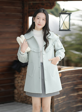 ATAR木耳边毛呢外套女冬季新款时尚名媛气质爱心口袋呢料中长大衣