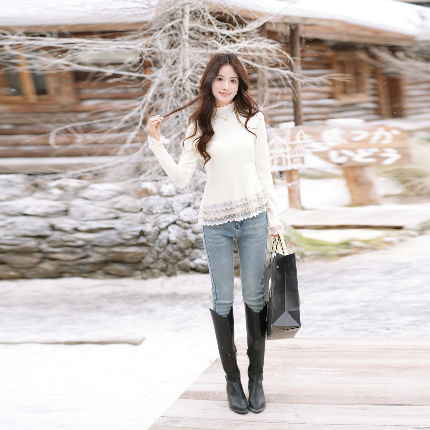 蕾丝拼接半高领针织衫牛仔裤套装