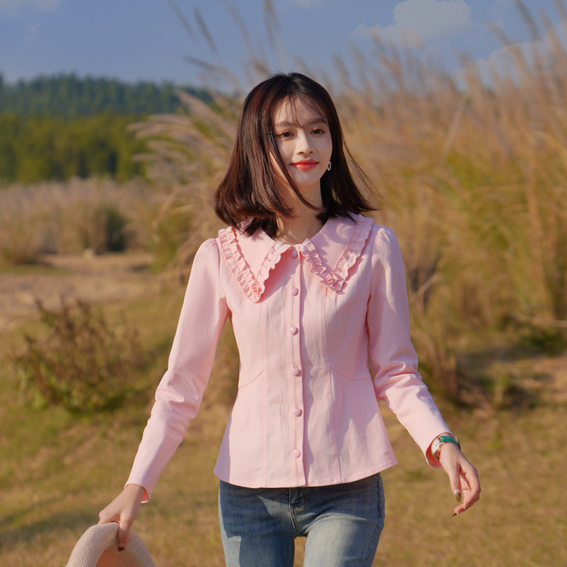 atar清货 气质甜美女春秋装木耳边翻领长袖牛仔衬衫收胸显瘦衬衣