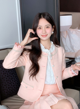 ATAR韩版洋气小香风长袖短款外套女2025秋装新款钉珠花朵圆领上衣