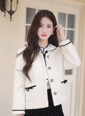 ATAR名媛秋冬装新款小香风精花呢子短外套 女蝴蝶结拼色格纹上衣