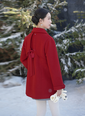 ATAR俏皮新中式西装领中长款毛呢外套 女冬装蝴蝶结绑带呢子大衣