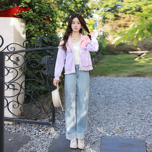 ATAR2026早春新款女装套装童趣爱心外套休闲花边牛仔裤气质两件套