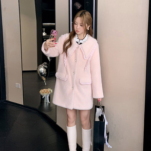 ATAR淑女冬装新款环保貂绒中长保暖外套 2025木耳边拼接毛毛大衣