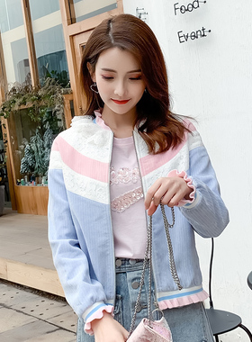 ATAR春秋女装新款学院风拼色夹克荷叶领撞色棒球服休闲短外套女