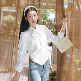 ATAR气质白领假两件衬衫女秋装新款设计感小众针织雪纺蝴蝶结上衣