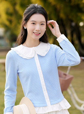 ATAR春季新品女娃娃领针织长袖T恤衫 2025清新上衣假两件拼色衬衫