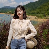 气质通勤OL荷叶边长袖 衬衫 春秋女装 ATAR清货 竖条纹衬衣打底衫