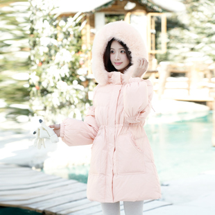 ATAR小清新甜美大毛领中长款羽绒服女收腰束带冬装保暖80绒外套潮
