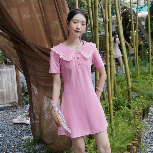 甜美连衣裙针织木耳边拼接