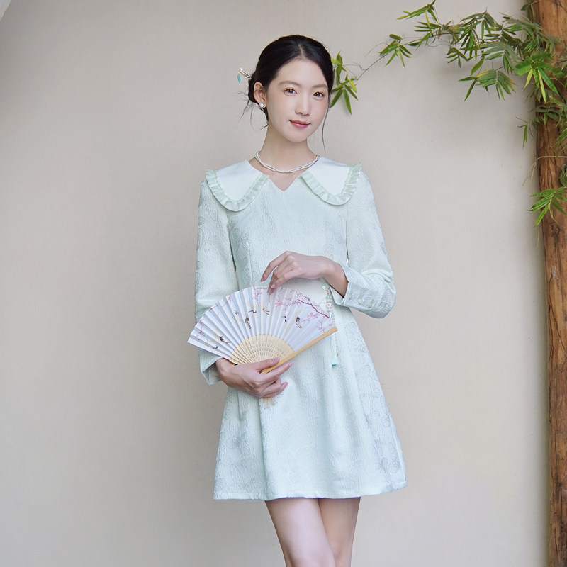 ATAR秋季新款淑女通勤OL假两件连衣裙 2025提花娃娃领国风短裙子