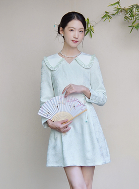 ATAR秋季新款淑女通勤OL假两件连衣裙 2025提花娃娃领国风短裙子