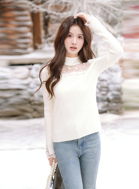 ATAR韩系温柔风半高领蕾丝拼接打底衫女冬装加厚减龄长袖针织衫潮
