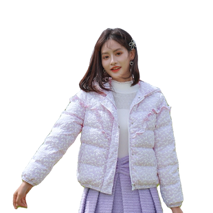 ATAR90白鸭绒秋冬流行外套新款甜美减龄蝴蝶提花木耳边连帽羽绒服