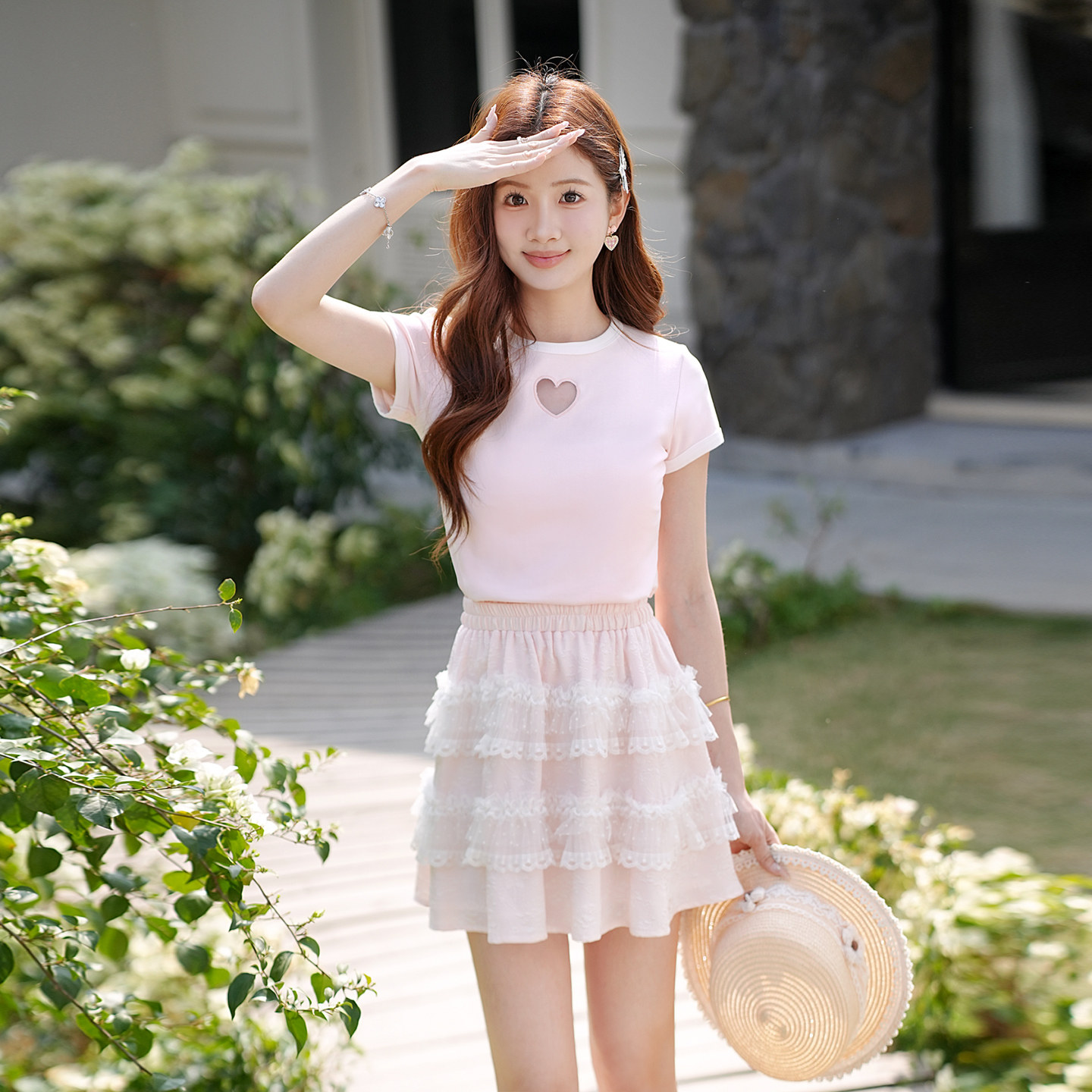 ATAR小清新气质淑女套装裙女夏季爱心短袖修身显瘦蕾丝短裙两件套