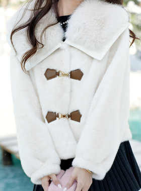 ATAR休闲舒适毛毛大衣女短款大毛领皮毛一体环保皮草外套保暖新款