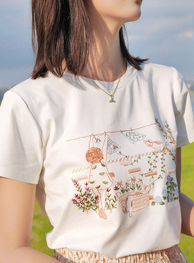 ATAR2025夏季新品故事情节绣花短袖T恤衫上衣 吸汗刺绣圆领打底衫