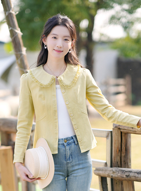 ATAR2025春装新款甜美百搭牛仔衬衣蕾丝拼接衣领收腰显瘦小版外套