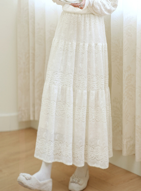 ATAR温柔风加绒蕾丝裙松紧腰显瘦蛋糕裙大摆重工长裙仙女半身裙冬