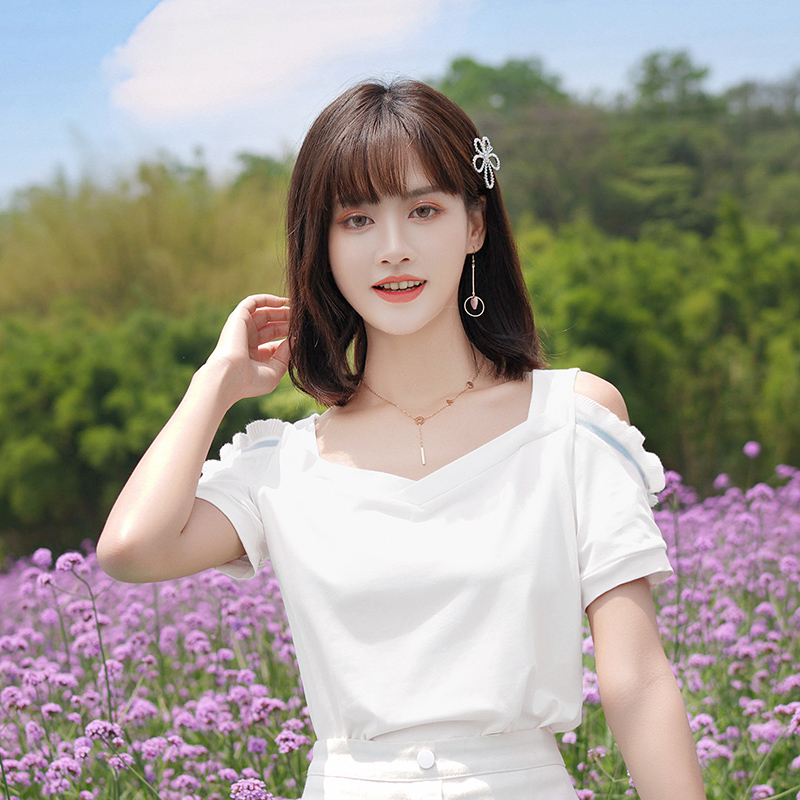 atart恤女夏日气质小清新t恤法式女装甜美花边露肩大v领短袖上衣