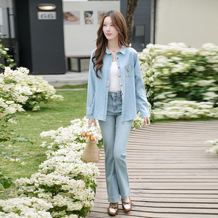 ATAR潮流2026春秋女装新品宽松翻领长袖衬衫牛仔微喇叭长裤子套装