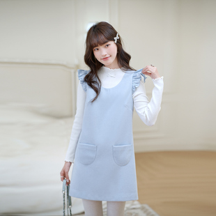 ATAR蓝色荷叶边袖连衣裙女无袖背心裙叠穿百搭显瘦气质毛呢短裙子