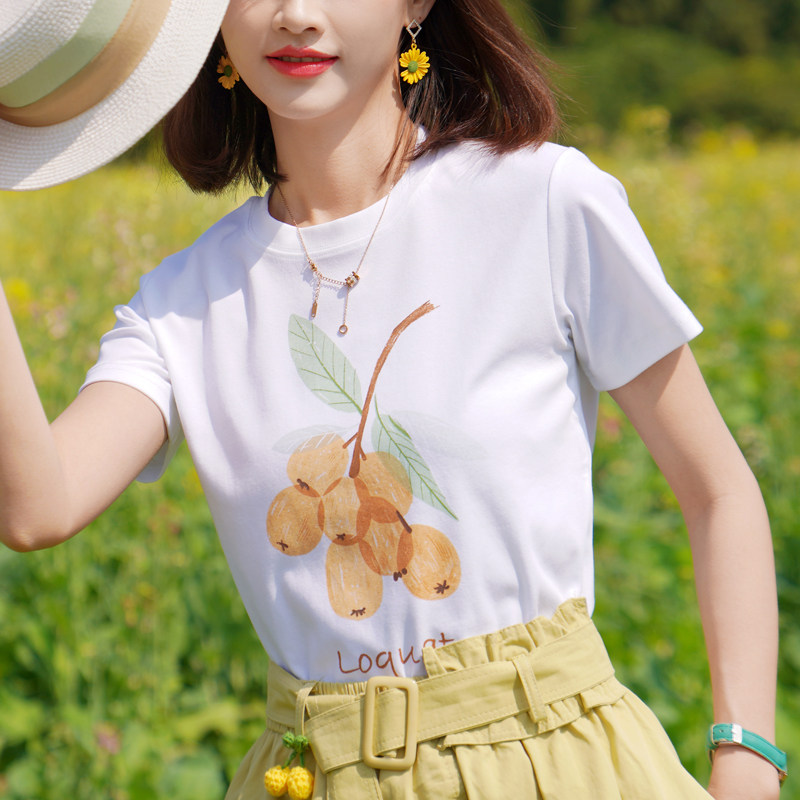 ATAR女夏装2025新款数码印花宽松短袖t恤衫 白色枇杷图案短上衣