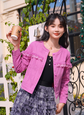 ATAR法式邻家牛仔外套女2025青春靓丽蕾丝花边春装短款单排扣上衣