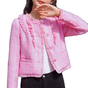 ATAR法式邻家外套2025春装新款木耳边编织呢小香风时尚减龄短上衣