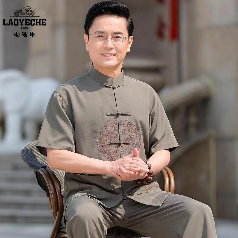 CLASSIC CAR SUMMER ICE SENSE MIDDLE-AGED AND ELDERLY MEN TANG STYLE EMBROIDERY SHORT SLEEVE COTTON AND LINEN SUIT DAD WEAR THIN MODEL